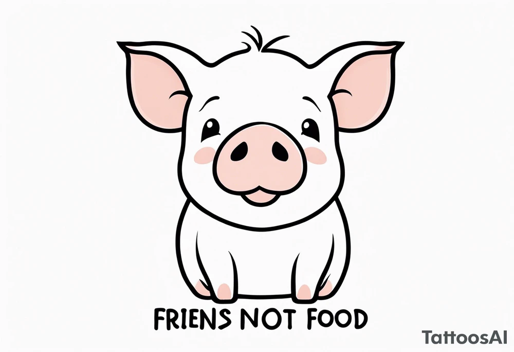 cute pig or piglet.
with text: "friends not food"
very thin lines
cartoonish style tattoo idea