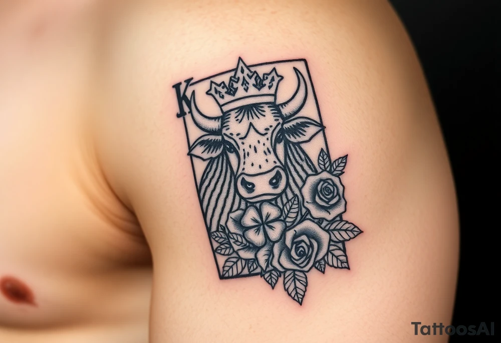 A king play card with a small highland cow face on it and a small 4 leaf clover surrounded by roses tattoo idea