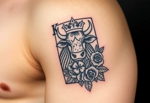A king play card with a small highland cow face on it and a small 4 leaf clover surrounded by roses tattoo idea