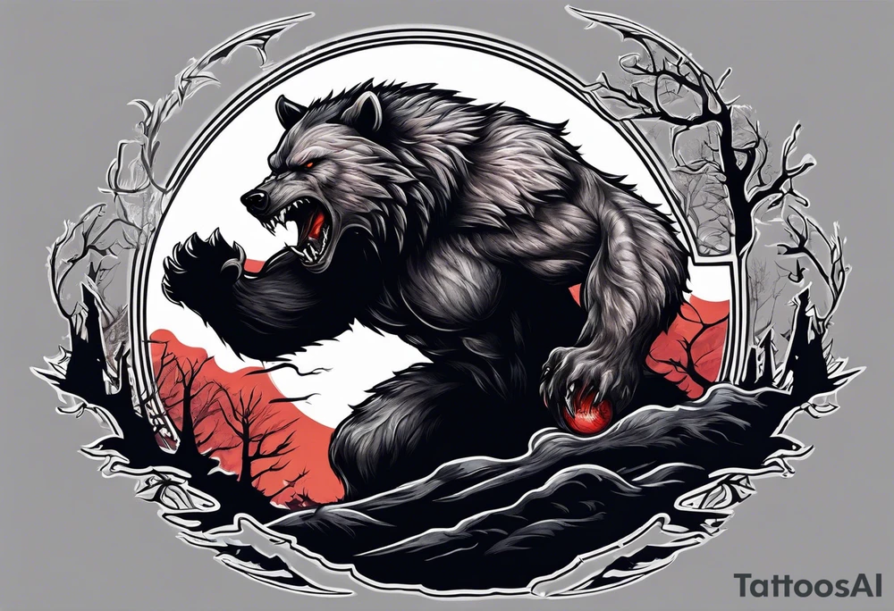 Muscular werewolf and muscular bear fighting under a blood moon tattoo idea