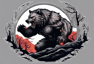 Muscular werewolf and muscular bear fighting under a blood moon tattoo idea