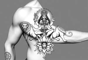 Realistic Durga sat on three lions
Surrounded by lotus chakra and mandala tattoo idea