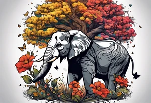 A lion a oak tree and a elephant with some flowers tattoo idea