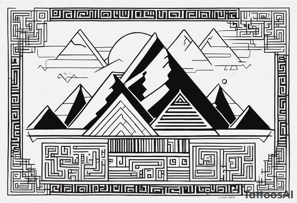Create a tattoo design in a linear geometric art style depicting images associated with Peru, such as the Andes Mountains, Machu Picchu, llamas or traditional textile patterns. The tattoo should be done in a monochromatic black and white color scheme with clear outlines and minimal details to create an elegant and modern composition. tattoo idea