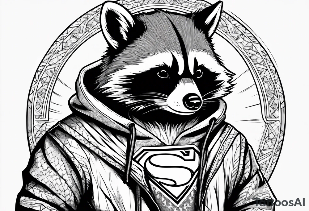 raccoon wearing a Superman hoodie tattoo idea