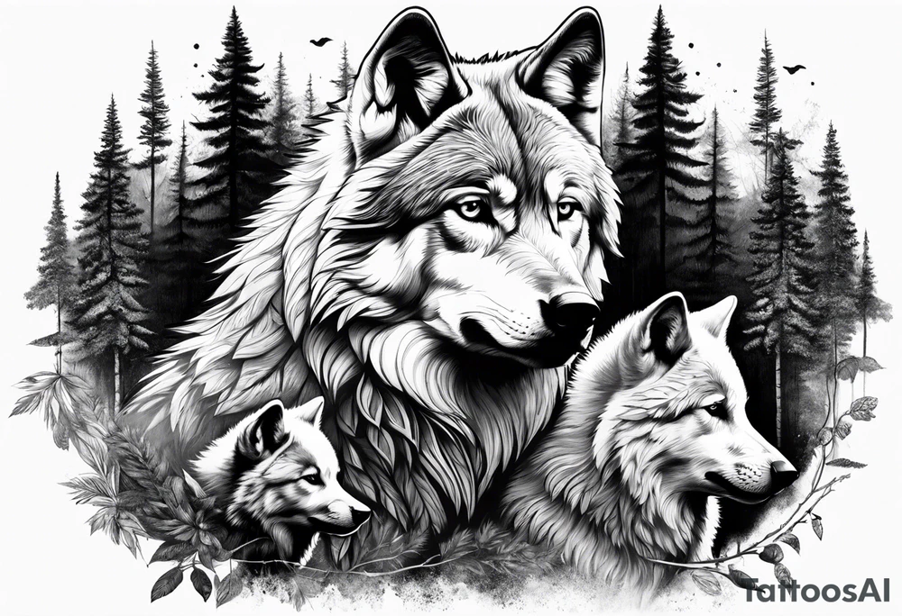 Alpha wolf in forest with 2 cubs tattoo idea