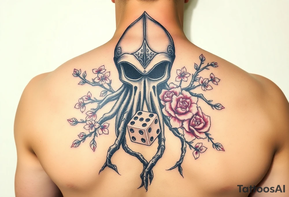 squid knight helmet combined with tree roots, cherry blossoms and roses rolling dice tattoo idea