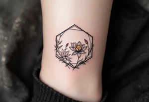 Faint Hexagon with Leo, larkspur and water lilies in the center tattoo idea