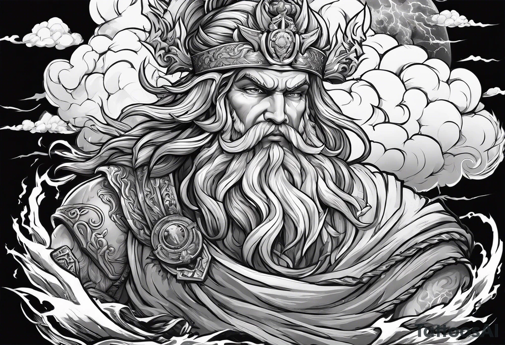 Zeus with a lightning bolt on clouds and hades in hell below tattoo idea