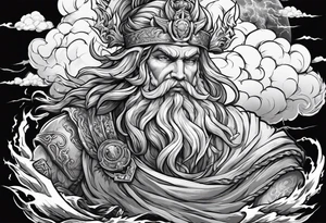 Zeus with a lightning bolt on clouds and hades in hell below tattoo idea