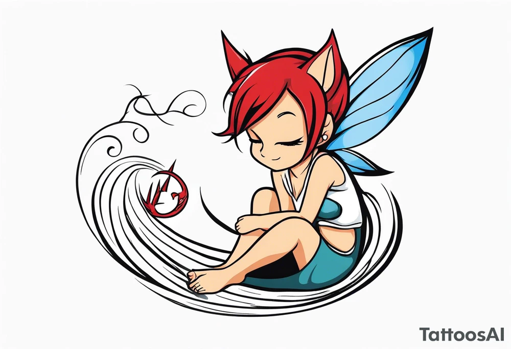 A fairy with a tail inspired by the logo of the show called Fairy Tail in a fetal position leaning in tattoo idea
