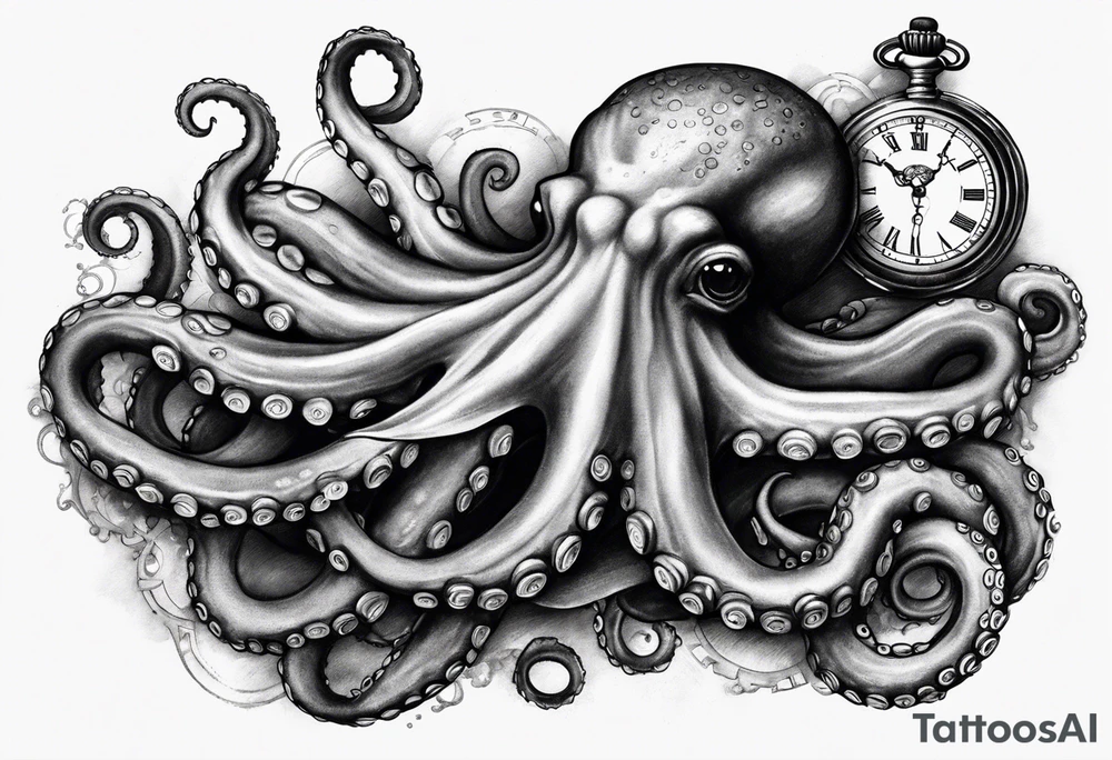 Octopus over an old pocket watch with his tentacles, in a natural pose tattoo idea