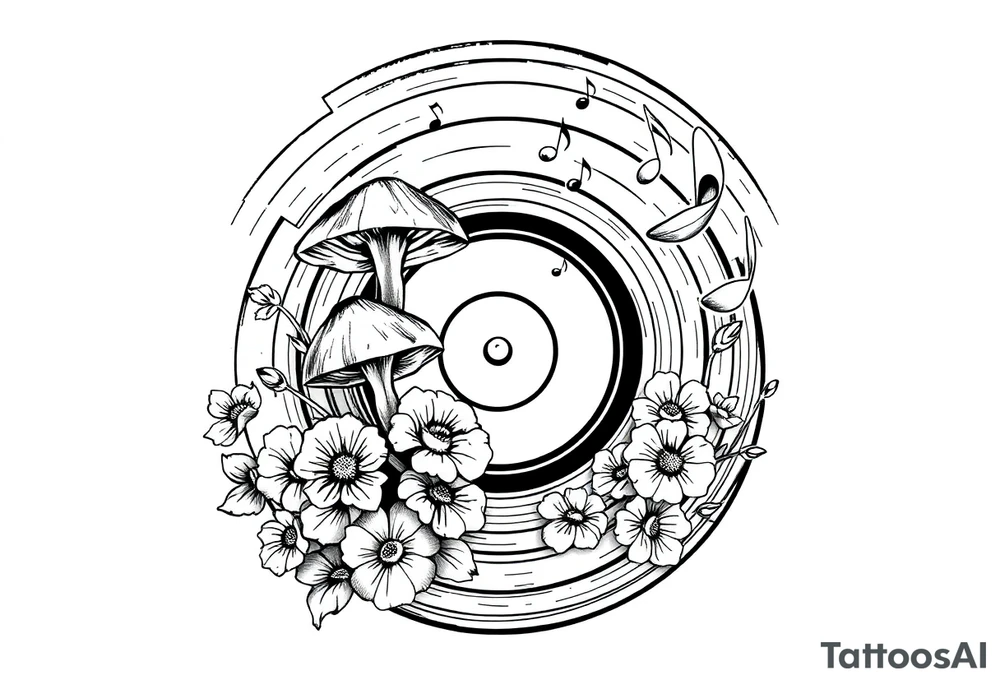 vinyl record with mushrooms, flowers, and music notes tattoo idea