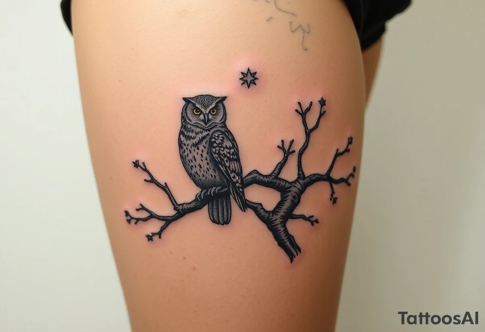 wise owl perched on ancient oak branch under starlit sky tattoo idea