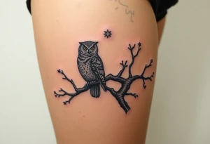 wise owl perched on ancient oak branch under starlit sky tattoo idea