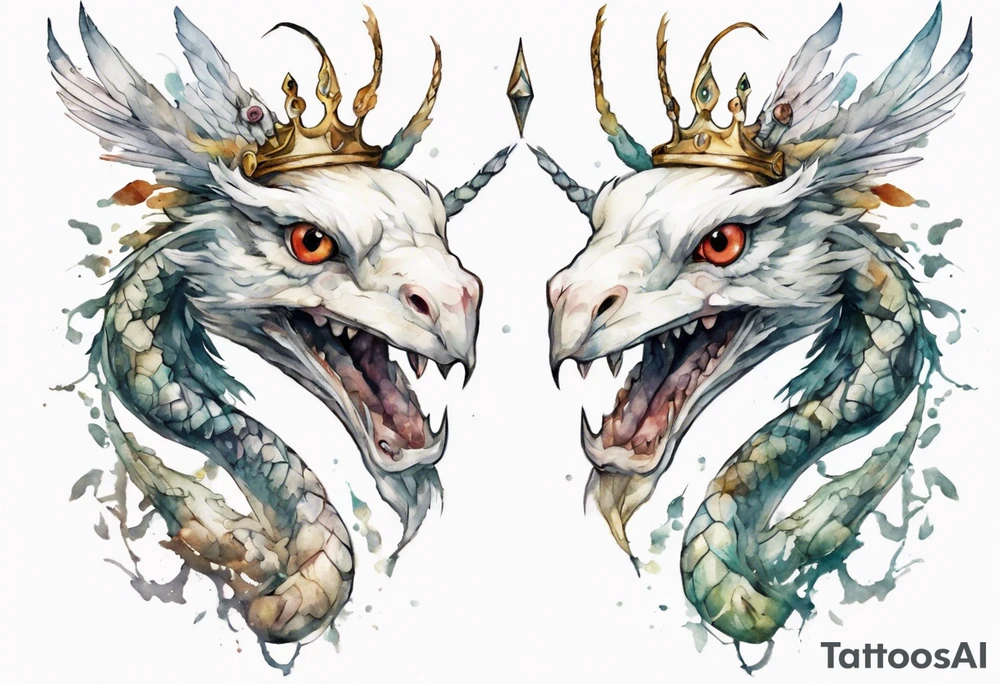 a white bird-serpent hybrid, wearing an iron crown on its head tattoo idea
