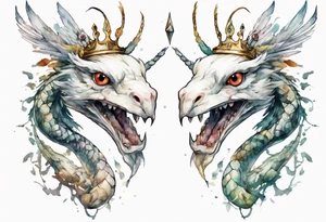 a white bird-serpent hybrid, wearing an iron crown on its head tattoo idea
