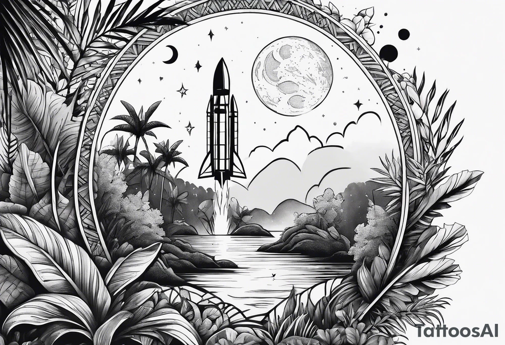 simple jungle, rocket, moon tattoo idea
