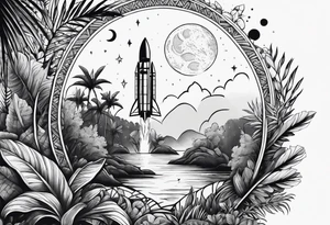 simple jungle, rocket, moon tattoo idea