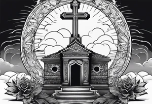 Tomb with cross and sun in the background tattoo idea