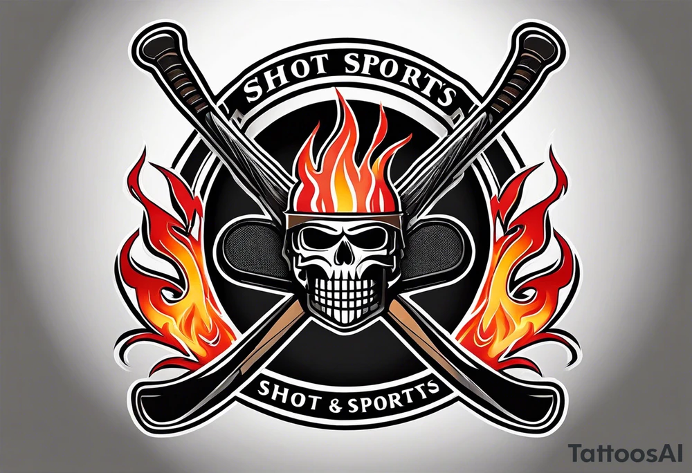 puck with crossed hockey sticks in the background and flames that says "SHOT SPORTS" tattoo idea