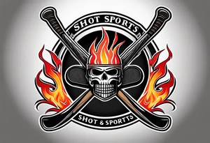 puck with crossed hockey sticks in the background and flames that says "SHOT SPORTS" tattoo idea