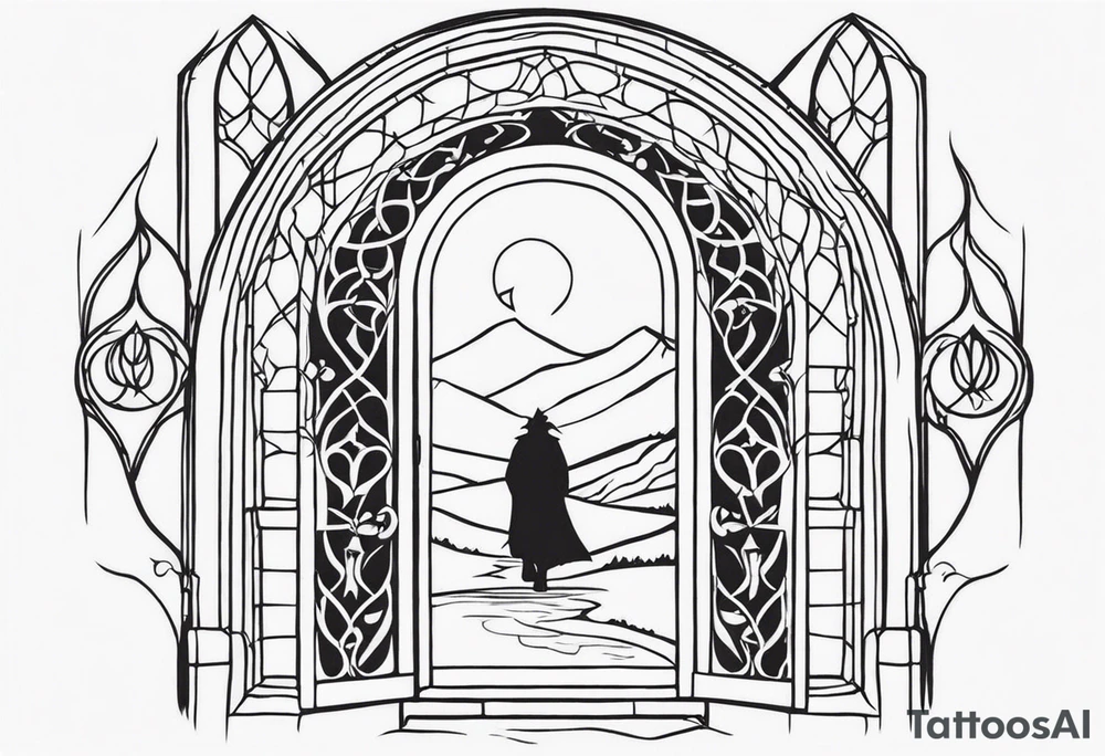 Lord of the rings main with Harry Potter mashup but clear independent visual of both movies. Small simple dainty fine line and minimal. No people silhouette in it. Not too much black. Hobbit door tattoo idea