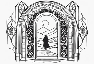 Lord of the rings main with Harry Potter mashup but clear independent visual of both movies. Small simple dainty fine line and minimal. No people silhouette in it. Not too much black. Hobbit door tattoo idea