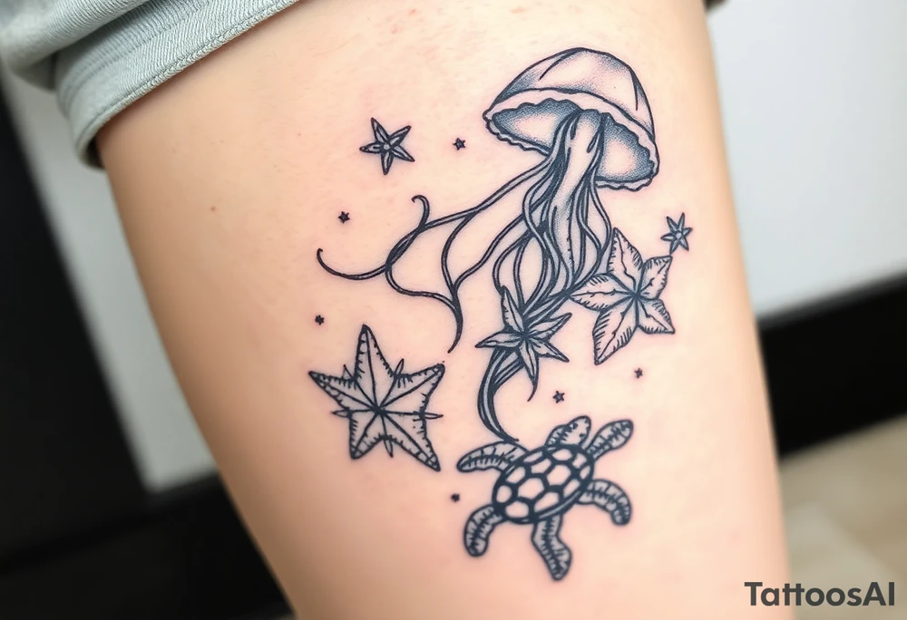 Ocean themed including jellyfish, mermaid, starfish, sea turtle, shells tattoo idea