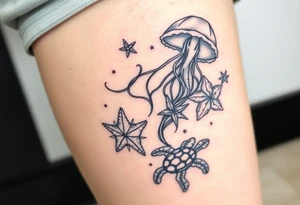 Ocean themed including jellyfish, mermaid, starfish, sea turtle, shells tattoo idea