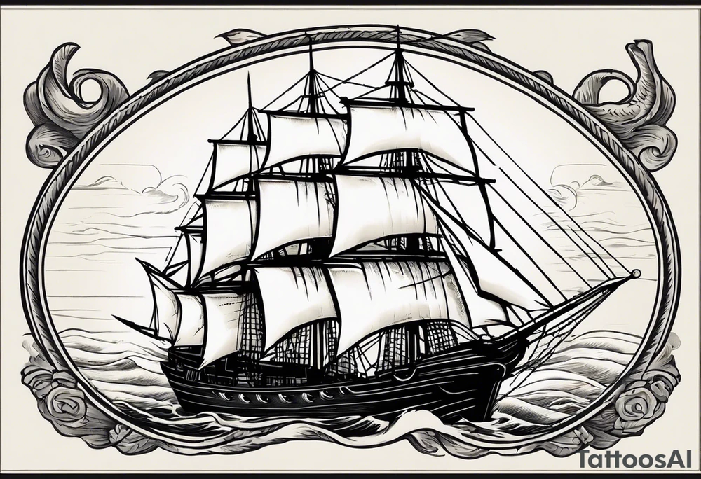 sailing ship in rough seas, front porfile, in oval with rope border, super imposed over crossed cannons, banner at bottom that says US Navy tattoo idea