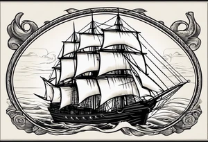 sailing ship in rough seas, front porfile, in oval with rope border, super imposed over crossed cannons, banner at bottom that says US Navy tattoo idea