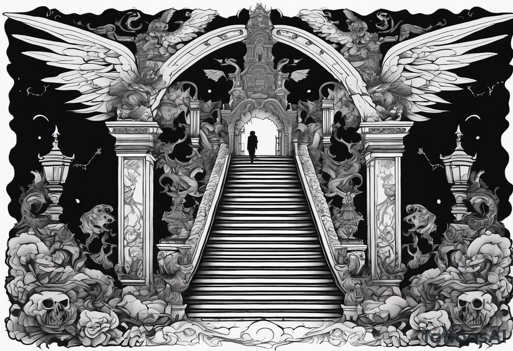 walking through the shadow valley of death with a stair case in the middle and angel at the top of the stairs and lots of demons  surrounding the staircase tattoo idea