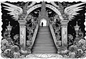 walking through the shadow valley of death with a stair case in the middle and angel at the top of the stairs and lots of demons  surrounding the staircase tattoo idea