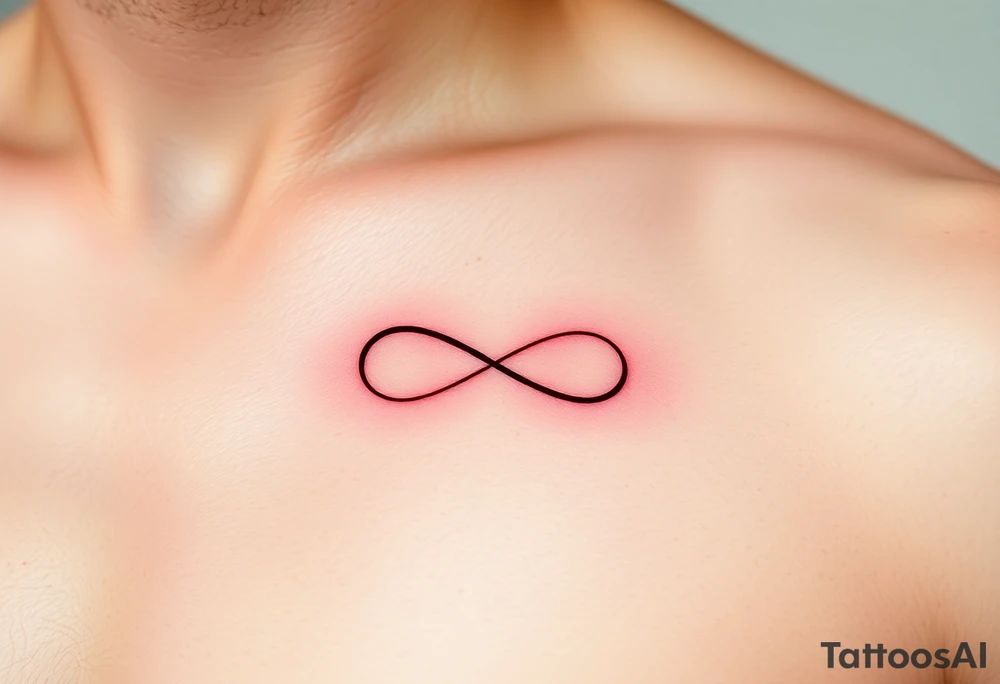 Quero uma tatuagem no antebraço, simples e elegante. O design deve começar com a data de nascimento do meu avô 08-03-1955escrita em vermelho, seguida de um símbolo de infinito em branco, com uma leve sombra ao redor para destacá-lo. O símbolo de infinito deve continuar numa linha reta, como se fosse um infinito sem fim. A linha deve ser discreta e uniforme, mantendo um estilo minimalista. tattoo idea