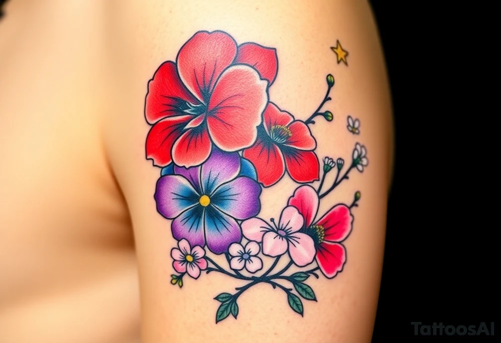 Upper left arm, wrapping slightly from the shoulder to the mid-upper arm, ending at the natural mid-arm curve.

Top center: Large red carnation
Left side: Purple pansy above a blue cosmos flower
Right side: Pink cosmos above a red cosmos
White flowers:
3 between the purple and blue flowers
2 below the pink/red flowers
3 on the branch extending from the right side of the carnation
2 on a branch connecting from the right side of the carnation to the top of the purple pansy

Neo-Traditional with Realism influence
Bold, clean black outlines
Flat, rich color gradients
Realistic flower detailing: natural petal texture, realistic shading, and depth
Flowing, realistic green branches and leaves
Fine black dots and small line accents
Small gold star next to the top red carnation

Warm brown skin tone tattoo idea