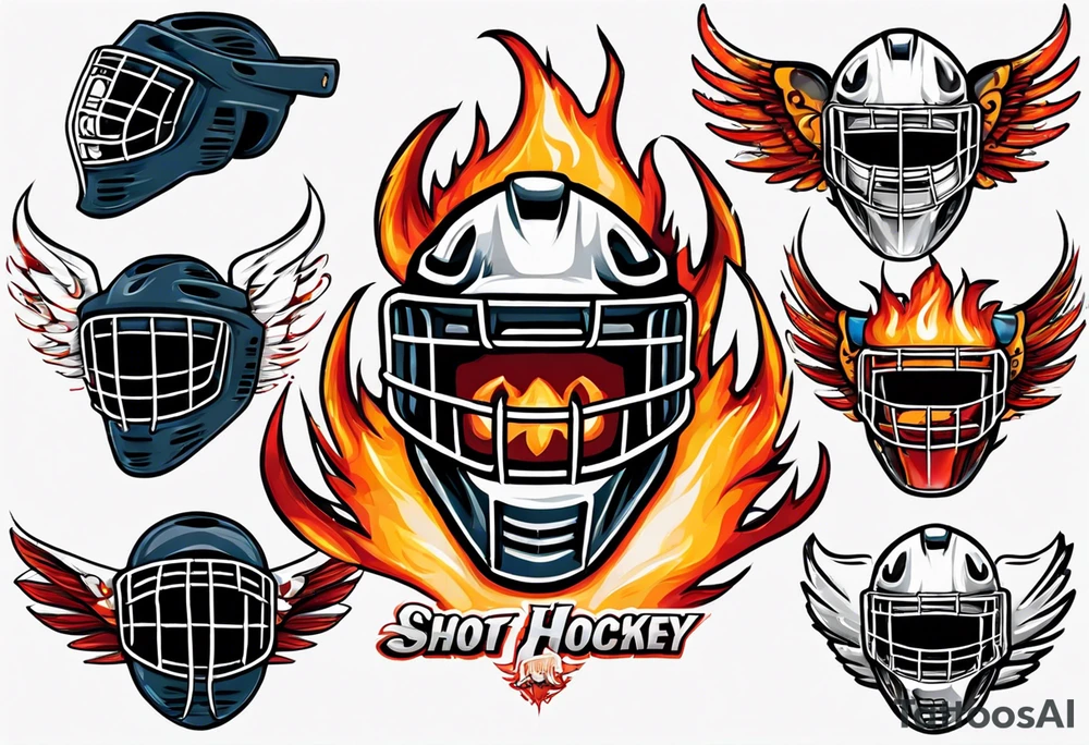 hockey puck with flaming wings and a goalie mask that says "SHOT HOCKEY" tattoo idea