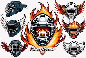 hockey puck with flaming wings and a goalie mask that says "SHOT HOCKEY" tattoo idea
