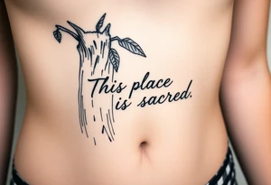 Hand written writing that says This place is sacred written on the trunk of a breadfruit tree tattoo idea