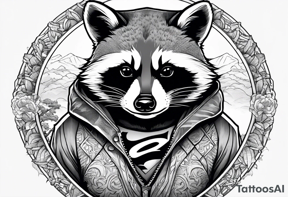 raccoon wearing a Superman hoodie tattoo idea