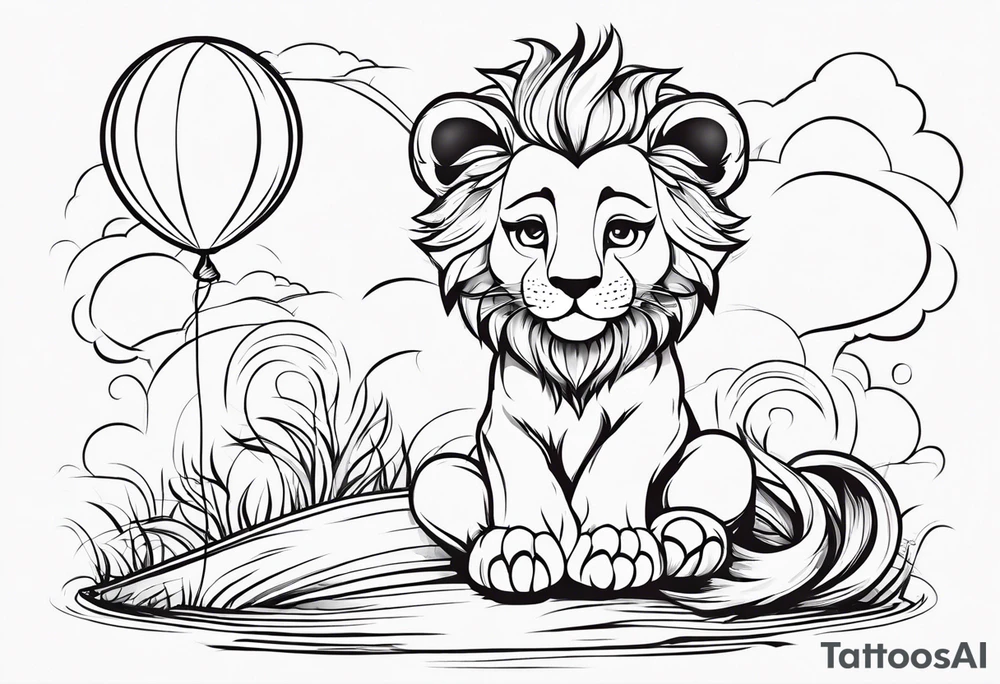 tatoo in sketch style only.
A little lion boy is holding a string to the hearth shaped small party baloon.
lion boy should be drawed from behind and has one hand reaching up in 45 degree angle and holding the baloon string
On the string is a wave which look like a hearbeat pulse.
draw it without any scenery, without any background. Just a boy 
Add heartbeat pulse on the string tattoo idea