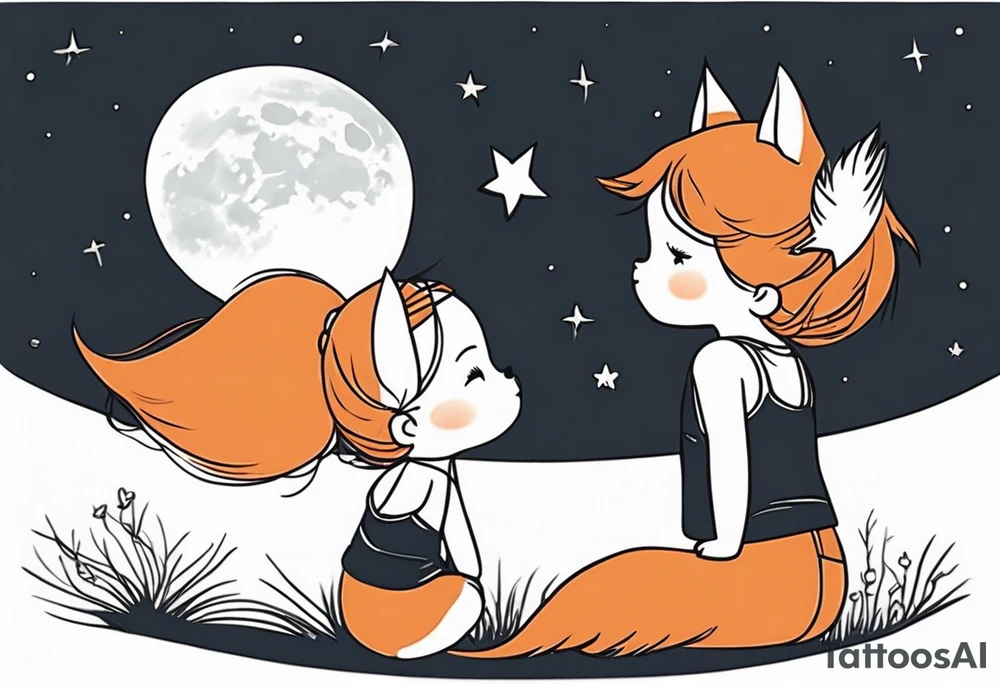 A little girl and a little fox looking at the moon, we see them from behind tattoo idea