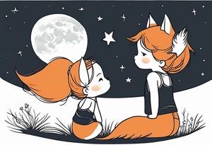 A little girl and a little fox looking at the moon, we see them from behind tattoo idea