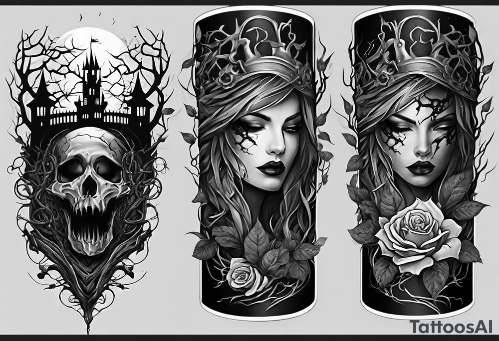 tattoo fool sleeve, dark gothic castle, tree roots break out of the chains, broken mask, roses tattoo idea