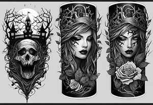 tattoo fool sleeve, dark gothic castle, tree roots break out of the chains, broken mask, roses tattoo idea