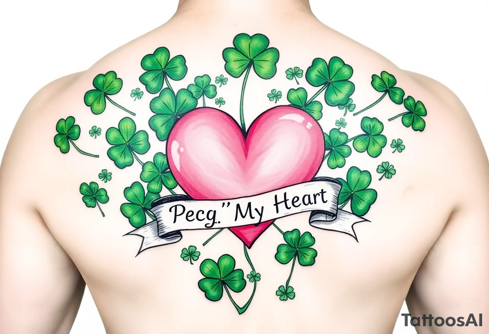 A lot of green shamrocks with a big Pink heart and a banner across the heart that says Peg 'o My Heart tattoo idea