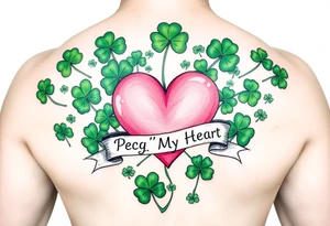 A lot of green shamrocks with a big Pink heart and a banner across the heart that says Peg 'o My Heart tattoo idea