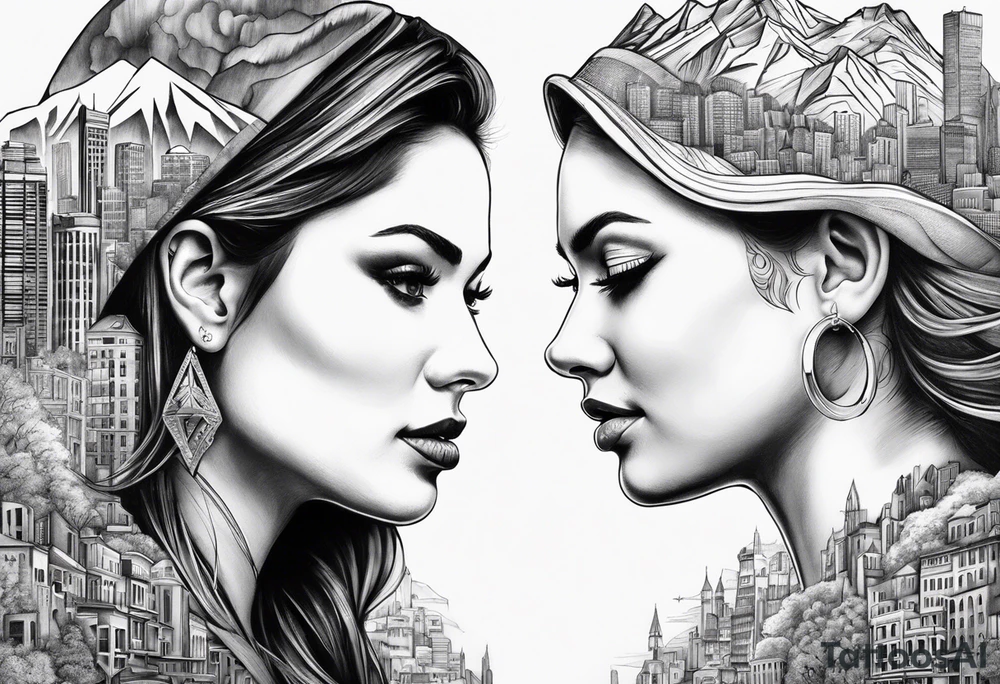 2 womans faces looking into each other eyes the womans face on the right side morphs into a city and the womans face on the left side morphs into mountains tattoo idea