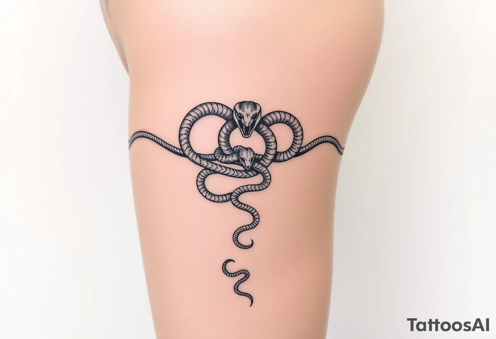 Fine-line thigh tattoo, luxury body chain made of intertwined snakes, Medusa-inspired symbolism, feminine, dainty, blackwork, hip to mid-thigh tattoo idea