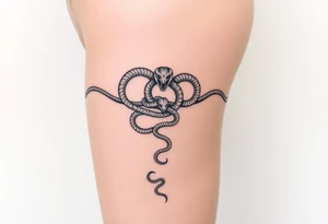 Fine-line thigh tattoo, luxury body chain made of intertwined snakes, Medusa-inspired symbolism, feminine, dainty, blackwork, hip to mid-thigh tattoo idea